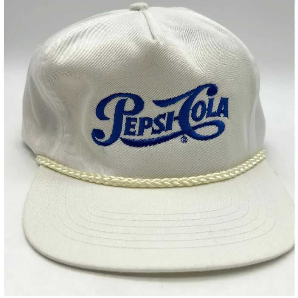 Vintage 80s 90s Pepsi-Cola White Strapback Rope Brim Embroidered Logo Promo Cap